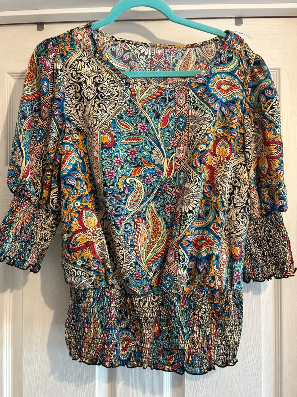 Boho Paisley Scoop-Neck Blouse in Teal Multi